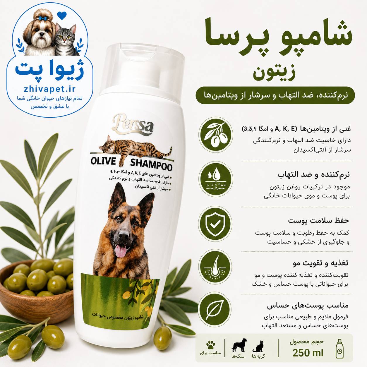 file_000000006e98720ab9189db9e471297a شامپو زیتون پرسا مخصوص سگ و گربه 250 میلیلیتر - Image 1