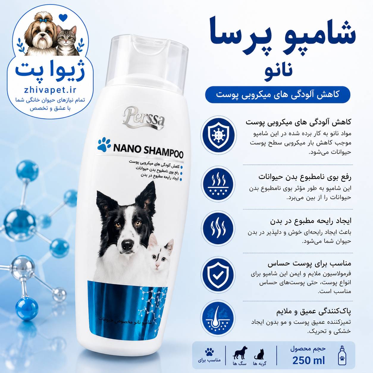 file_000000007d94720a8c7631a9756d57b5 شامپو نانو پرسا مخصوص سگ و گربه 250 میلیلیتر - Image 1